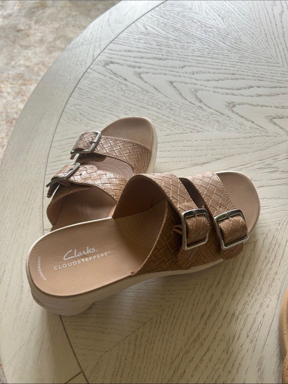 Clarks Cloudsteppers Woven Double-Buckle Slides in Beige Taupe